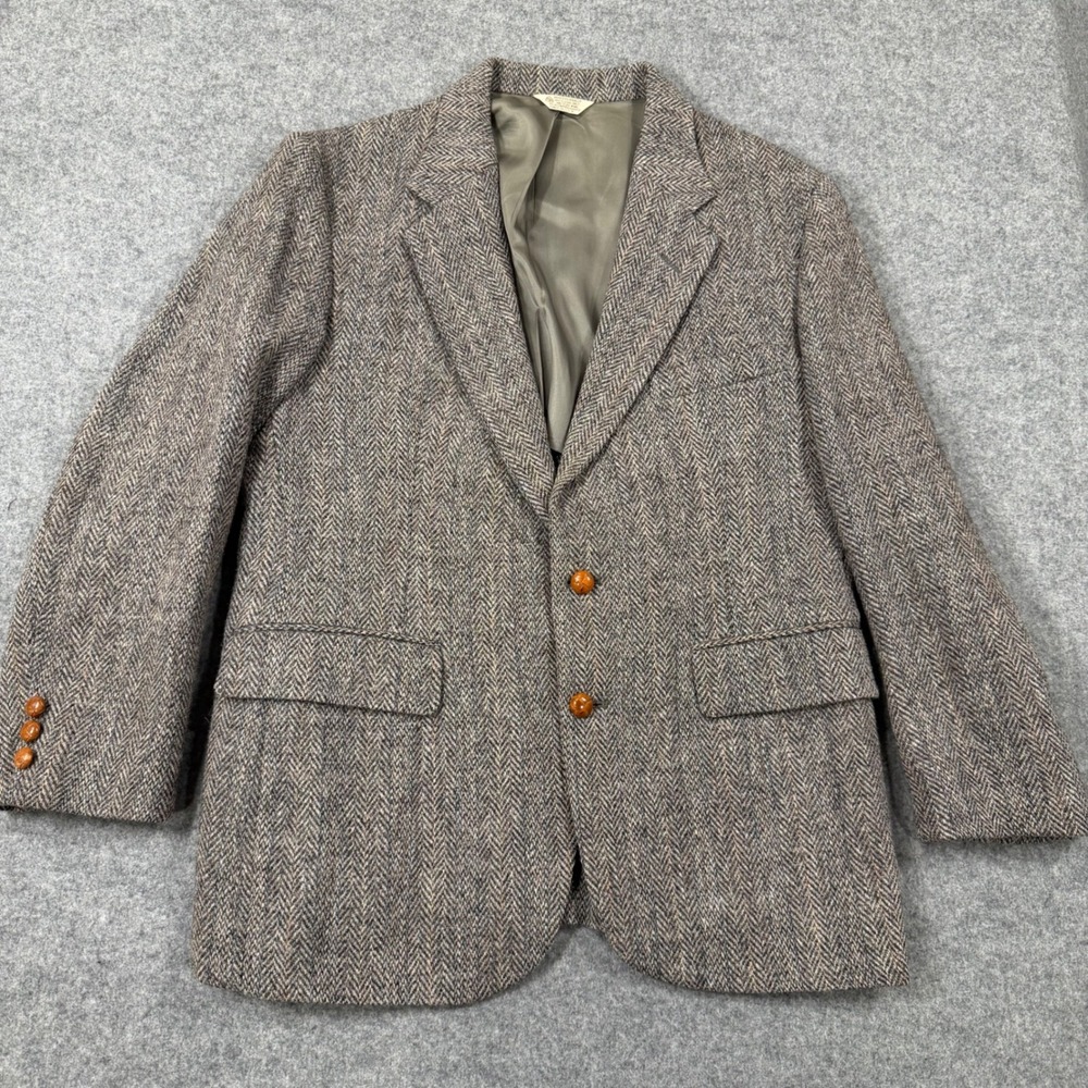 Hunt Valley Harris Tweed Wool Herringbone Blazer Grey Brown 41S Made in USA